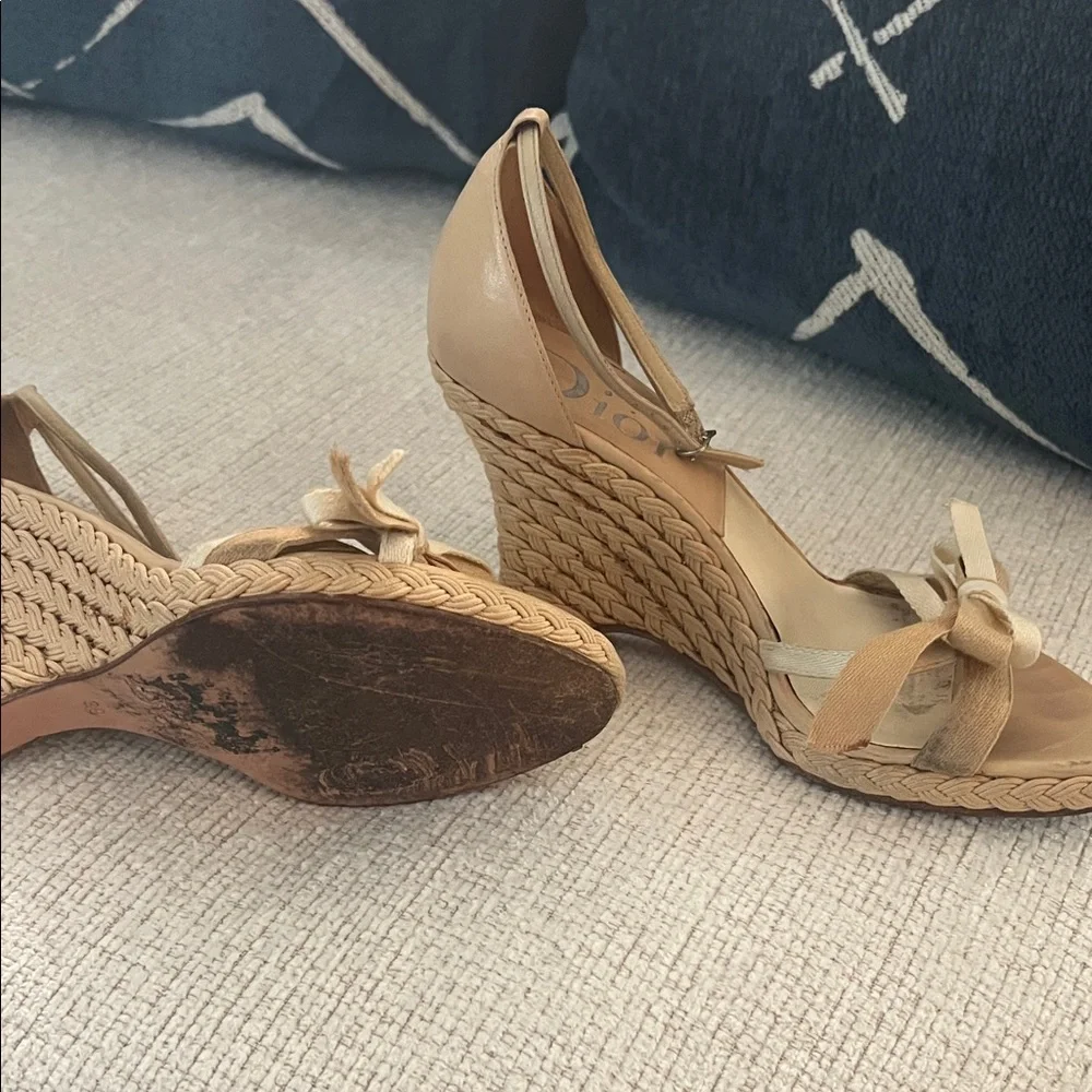Dior Tan and Cream Espadrille Wedge Sandals with Bow Ankle Strap - Picture 2 of 3